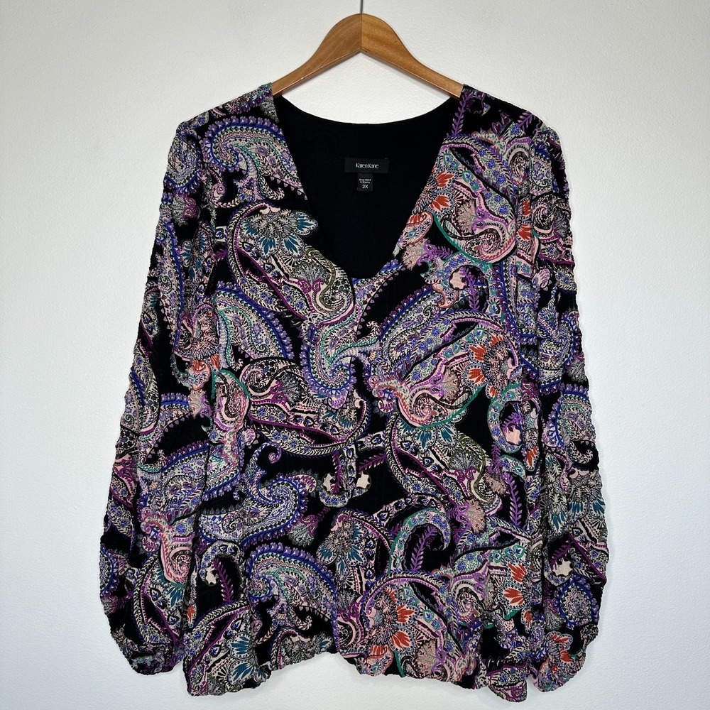 Karen Kane Long Sleeve Blouse Size 2X Black Paisley